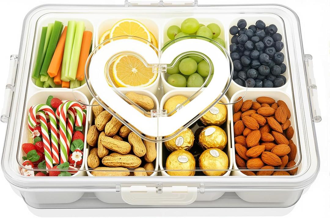 Divided Snack Serving Tray with Lid and Handle travel Snackle Box Charcuterie Container Portable Storage Organizer for Candy Divided Serving Tray with Lid for Fruits, Snacks, Sauces & More