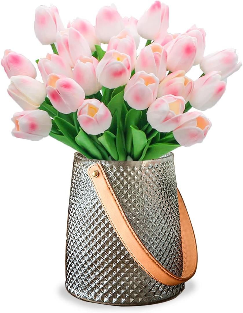 WeTop 30pcs Real Touch Tulips PU Artificial Flowers, Fake Tulips Flowers for Arrangement Wedding Party Easter Spring Home Dining Room Office Decoration (Light Pink)