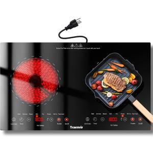 2 Burner Electric Cooktop, 24 Inch Countertop & Built-in Electric Stove 2000W, Portable Double Burner Ceramic Cooktop, Child Safety Lock, Timer, 8 Power Levels, 110V-120V Plug in