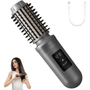 Cordless Hair Curling Iron Brush Rechargeable Battery-Powered, 3-in-1 Portable Hot Straightener Curling Comb 3 Temperature Settings with LCD Display