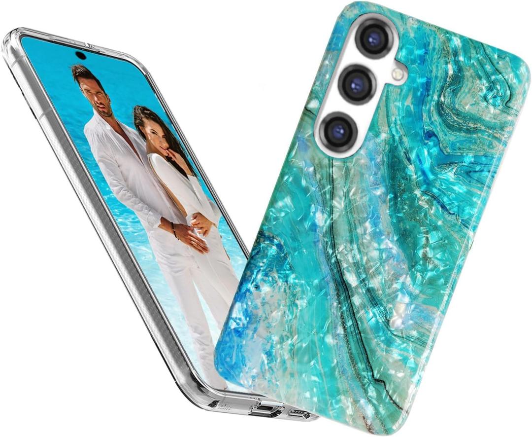 for Samsung Galaxy S25 Plus Case for Girl Women Men, Glitter Mother of Pearl Luster Shiny Sparkle Bling Slim Soft TPU Protective Back Phone Case Cover for S25+,Blue Sea Ocean Summer Beach