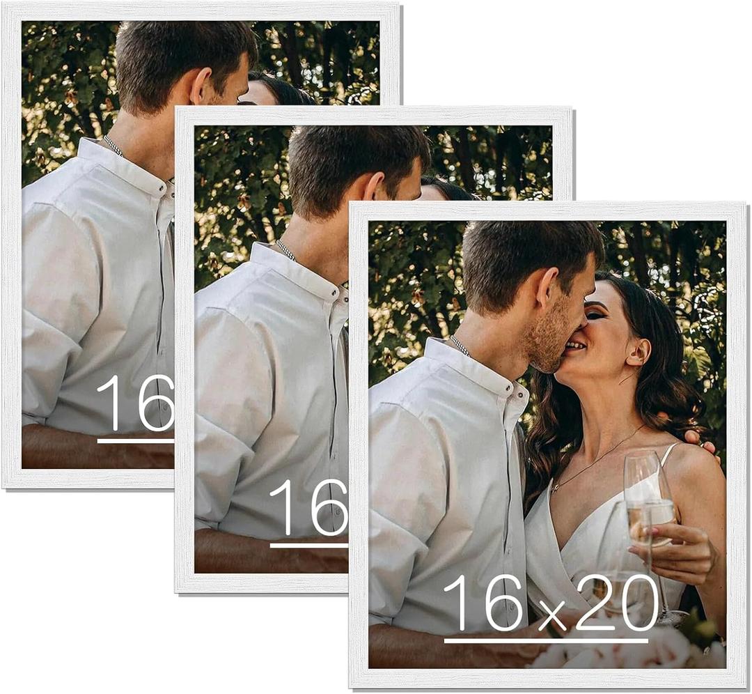 White 16x20 Frame Set of 3 - Rustic Woodgrain 16 x 20 Poster Frame with Plexiglass for Wall Gallery Display, 16x20 Picture Frame for Puzzles, Artwork, Photos and Posters - Ideal Christmas Day