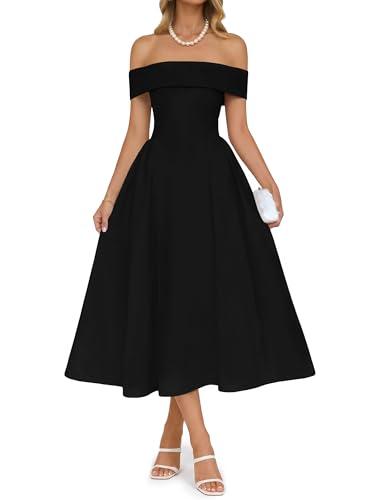 Wenrine Womens 2026 Summer Cocktail Dresses Off Shoulder Short Sleeve Swing A Line Elegant Wedding Evening Party Midi Dress Black XL
