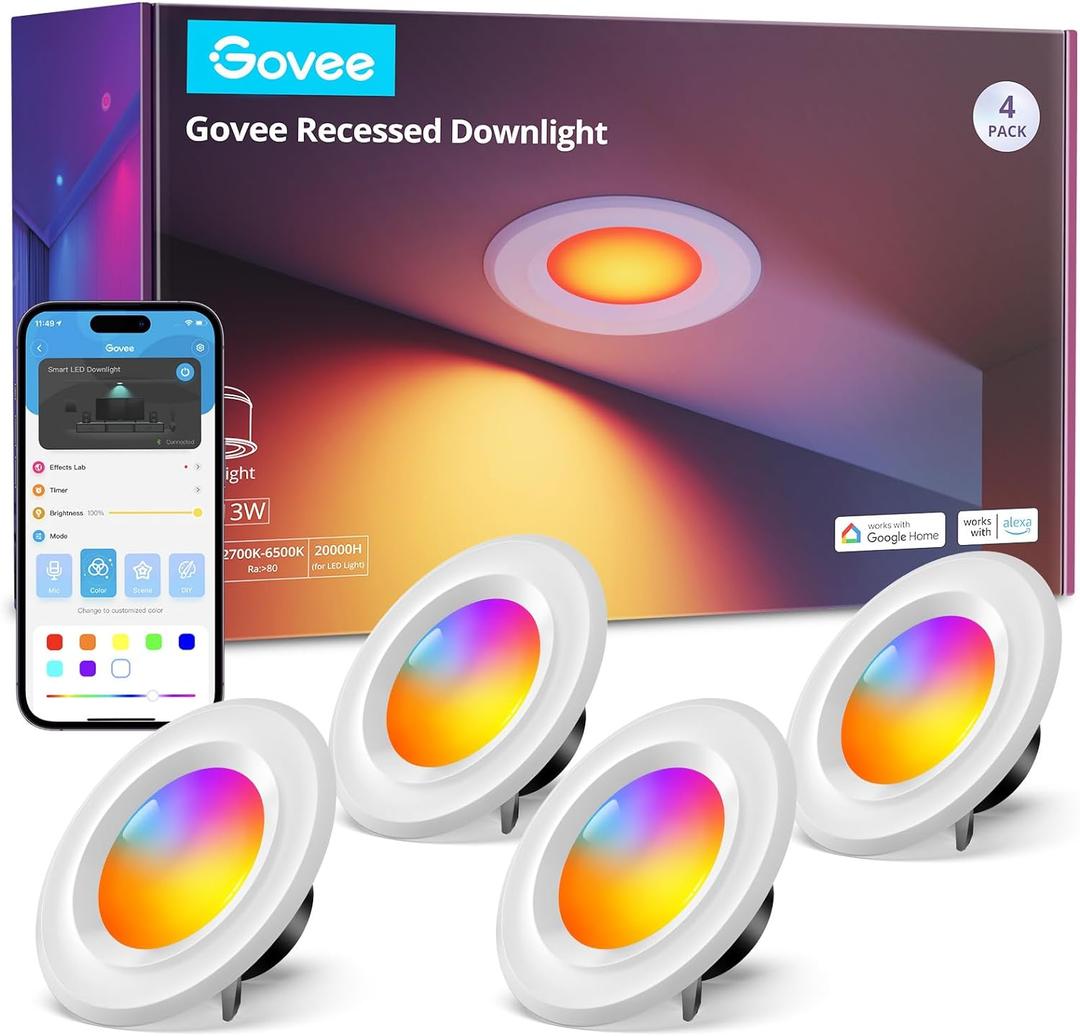 Govee Smart Retrofit Recessed Lighting 6 Inch, Wi-Fi Bluetooth Direct Connect RGBWW Retrofit Can Lights, 65 Scene Modes, Works with Alexa & Google Assistant, 1000 Lumens, 4 Pack (6 Inch, 4 Pack)