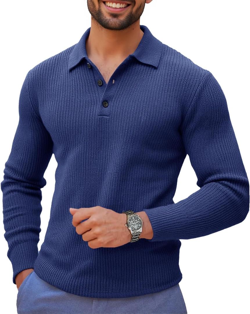 Runcati Mens Long Sleeve Polo Sweater Knit Polos V Neck Casual Dress Button Collared Pullover Sweaters (Large, Navy)