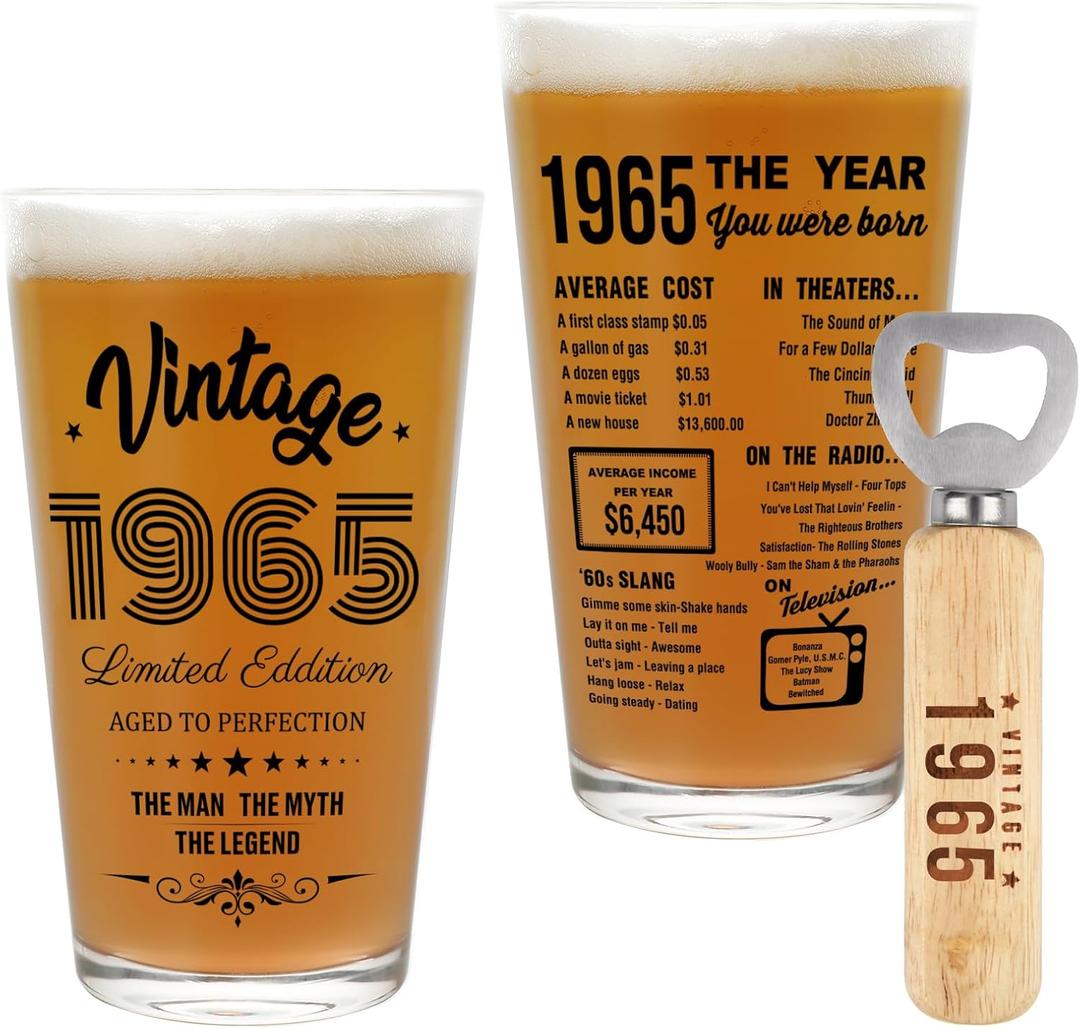60th Birthday Gifts for Men, 60 Year Old Gifts for Him, Vintage 1965 Beer Drinking Glass and Opener, Best Mens 60th Birthday Gift Ideas Turning 60, Happy 60th Birthday Decorations