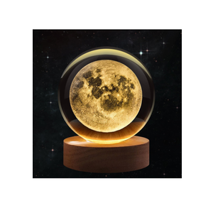 Flexzion 3D Moon Crystal Ball Night Light - LED Light Hologram Glass Lamp with Solid Wood Base, USB Powered Crystal Ball Lamp with Adjustable Brightness for Home Decor Display Gift, 2.4inch(60mm)