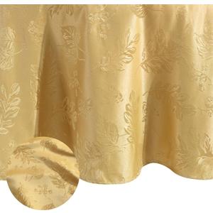 Elrene Home Fashions Elegant Woven Leaves Jacquard Damask Wrinkle Resistant Tablecloth, 70" x 70", Round, Gold