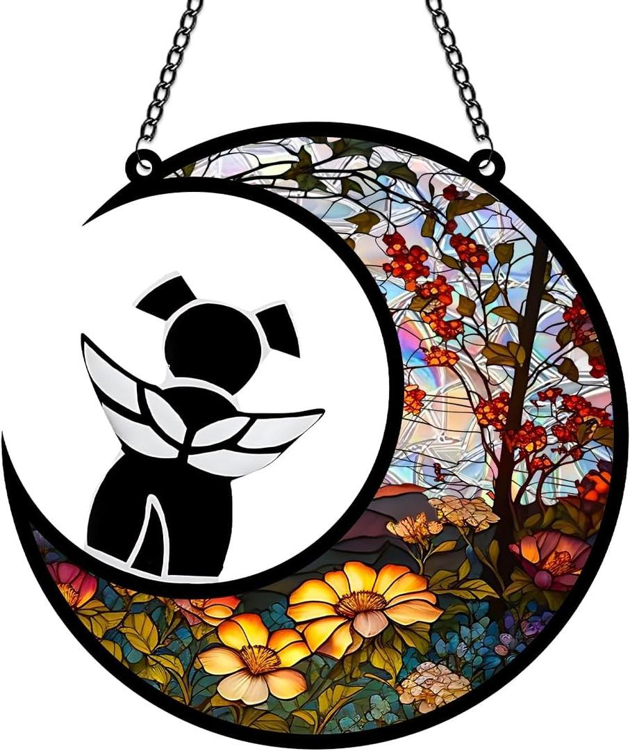 Angel Dog Memery SunCatcher with Rainbow Layed Film for Windows Hanging, Pet Loss Sympathy Moon Floral Sun Catchers, Beautiful Pass Away Keepsake for Pet Lovers