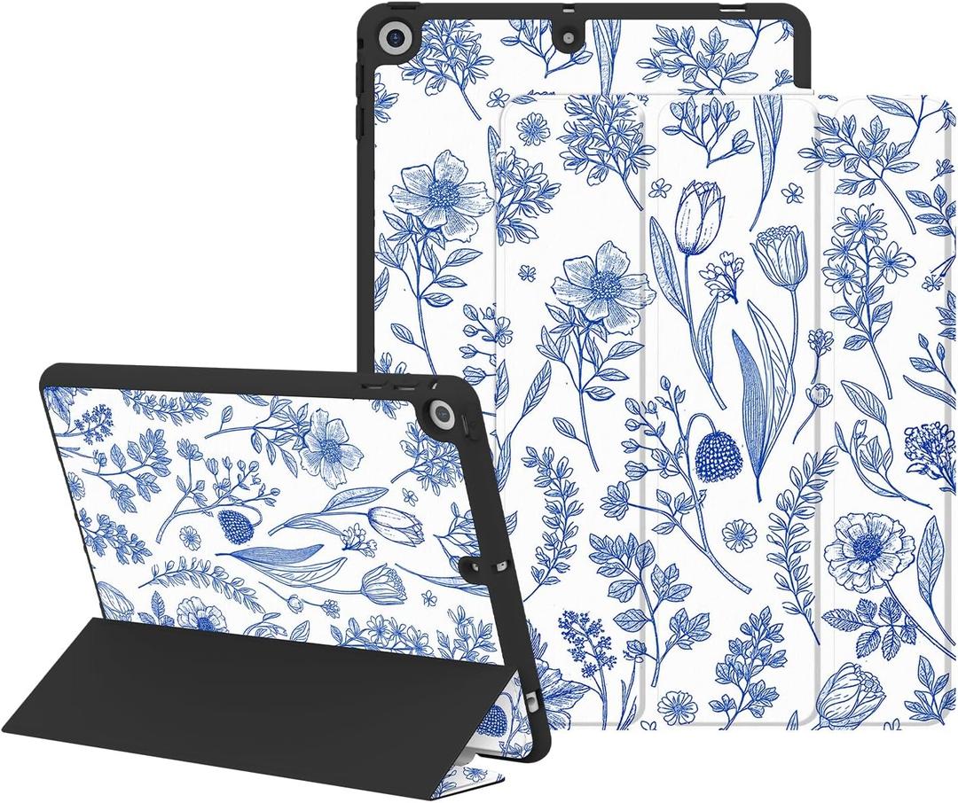 Case for iPad 9th/8th/7th Generation 2021/2020/2019 10.2 inch, Protective Slim Case with Pencil Holder, Auto Wake/Sleep Smart Cute Girly Cover 9th/8th/7th Gen for Women Girls, Blue Plant