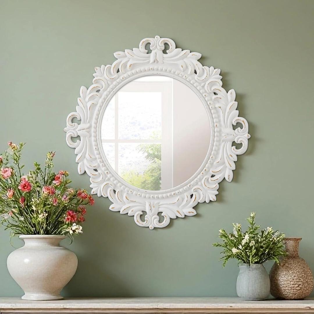 Vintage Wood Circle Wall Mirror 24 Inch, Distressed White