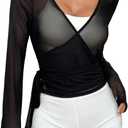 OYOANGLE Women's Mesh Sheer Wrap Belted Blouse Tops Long Sleeve Deep V Neck Slim Fit Shirt Black Large