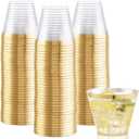 Hioasis 200PCS Gold Plastic Cups,9Oz Gold Rimmed Plastic Cups,Clear Plastic Cup with Gold Trim,Heavy Duty Clear Disposable Plasitc Cup for Party,Wedding,Reception