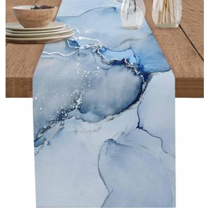 Marble Table Runner 36 Inches Small - Ombre Blue Marble Grey Farmhouse Modern Kitchen Dining Burlap & Cotton Tablerunner for Small/Round/Square/Wedding/Coffee/Dining Table Party Home Dcor