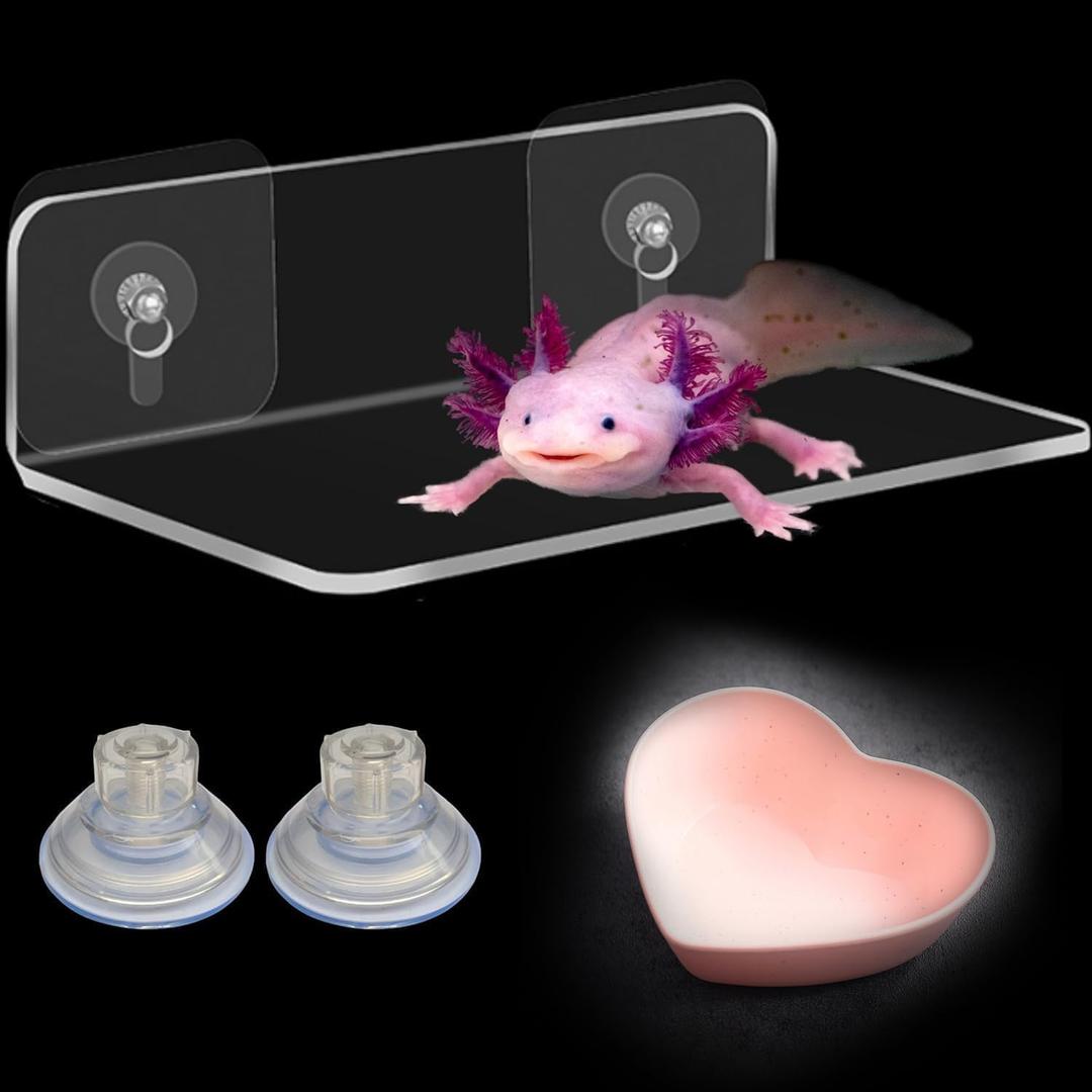 Axolotl Hammock Ledge with Weighted Ceramic Feeding Dish, Clear Acrylic Aquarium Shelf with 2 Strong Suction Cups, Tank Decor & Accessories for Axolotl/Newt/Salamander, 7.8" x 3.9"