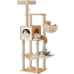 Feandrea Cat Tree, 65-Inch Tall Cat Tower, Multi-Level Condo with Cave, Basket, Hammock, Pompom, Scratching Posts, Almond Yellow UPCT118Y01
