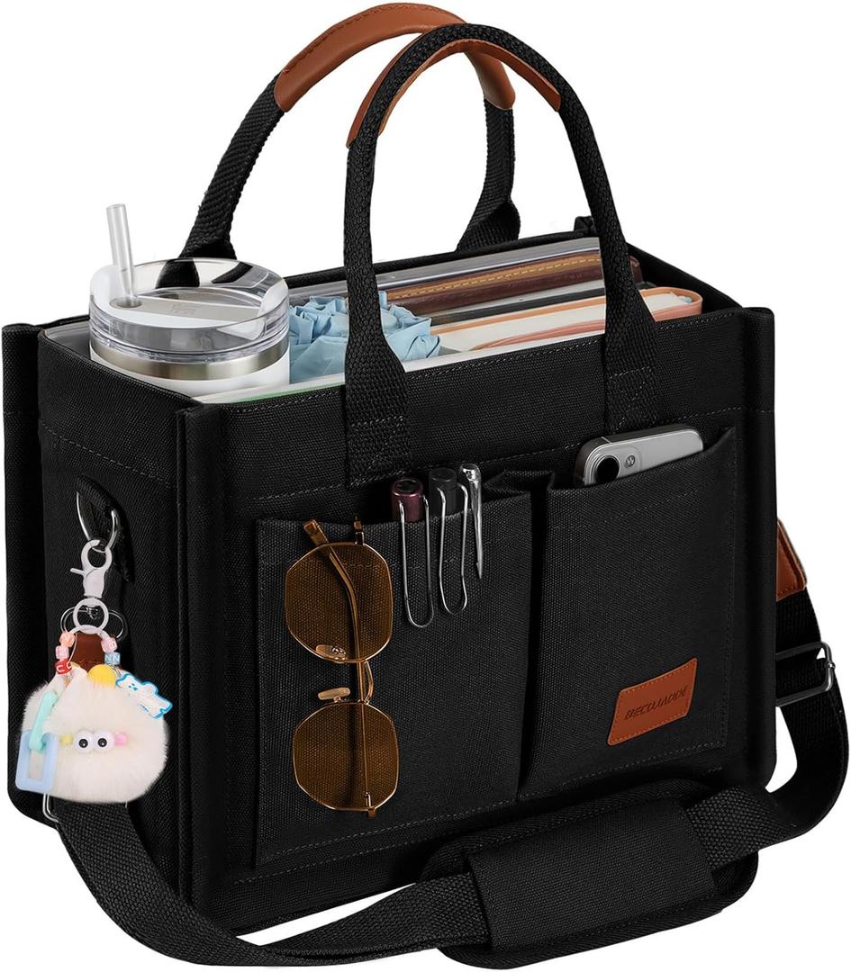 Canvas Tote Bag Purse for Women with Zipper Closure, Individual Compartments & Bottom Support (Large, Black)