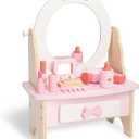 Wooden Vanity Set for Kids, Pretend Play Toddler Makeup Vanity Table Toys with 360 Rotatable Mirror, Beauty Salon Set Includes Makeup Accessories, Little Girls Gift Age 3+ (White)