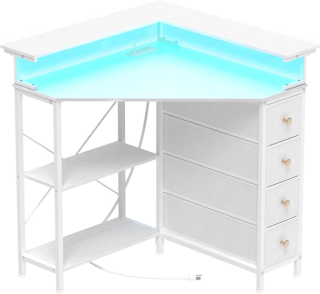 Corner Desk with Drawers Shelves for Small Space 90 Degrees Triangle Computer Desk with Power Outlets, Gaming Desk with LED Lights Monitor Stand for Home Office Workstation Writing Table (White)