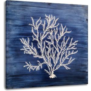 Yihui Arts Nautical Canvas Wall Art Hand Painted Navy Blue and White Coastal Painting Modern Abstract Tree Artwork for Living Room Bedroom Hall Way Decor (20"L x 20"W)