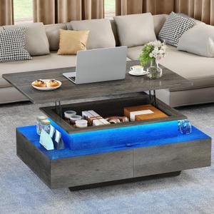 YITAHOME Lift Top LED Coffee Tables for Living Room, Modern Coffee Table with Storage 4 Drawers, Smart Coffee Table with Lifting Top, Gray Farmhouse Center Table for Home Office Decor, Grey