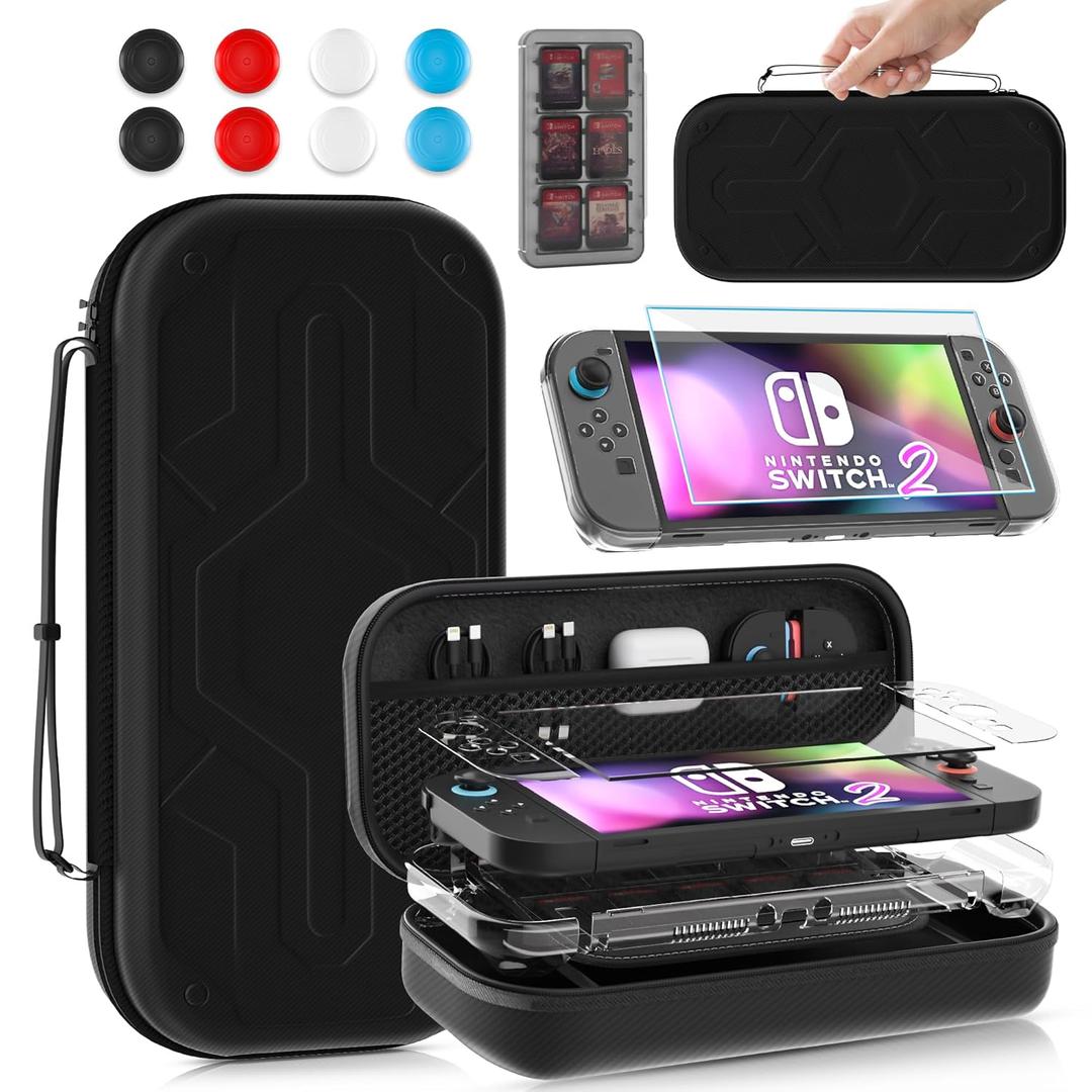 GLDRAM Carrying Case for Nintendo Switch 2 (2025), Portable Accessories Kit with Black Travel Storage Bag, Clear Protective Skin Cover, 6 Slots Game Card Holder, Screen Protector & 8 Thumb Grips