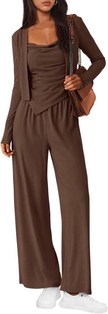 BTFBM Women's Fall Lounge Sets 3 Piece Outfit Tracksuits Casual Long Sleeve Tops High Waisted Sweatpants Set (Medium, Brown)