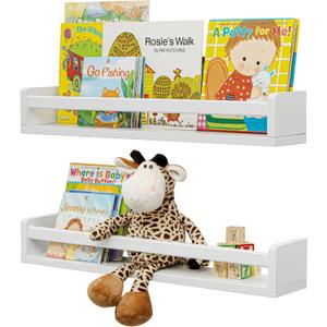 Fun Memories Nursery Book Shelves, 24Inch Floating Shelf for Wall, Wall Bookshelf for Kids Solid Wood Wall Mounted Shelves for Books,Toys and Decor Storage, Set of 2 (White)