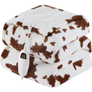 Cow Print Heated Electric Blanket Throw,50X60 Brown Heating Blanket with 10 Heats Levels & 8 Hours Auto Off, Western Highland Cow Decor Stuff Fleece Sherpa Blankets Warmer Gifts for Women Adults