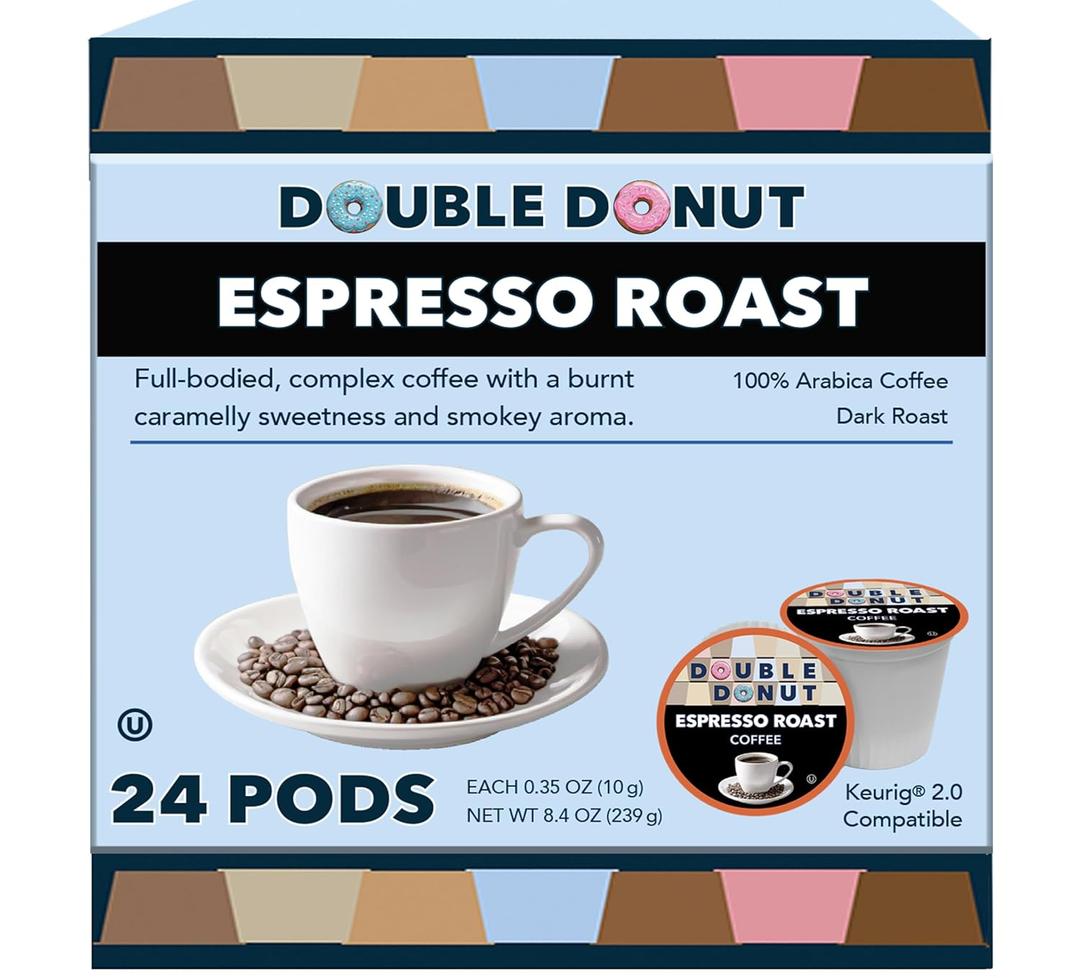 Double Donut Coffee Espresso Roast Blend in Recyclable Single Serve Espresso Pods for the Keurig K Cup Machine, 24 Count