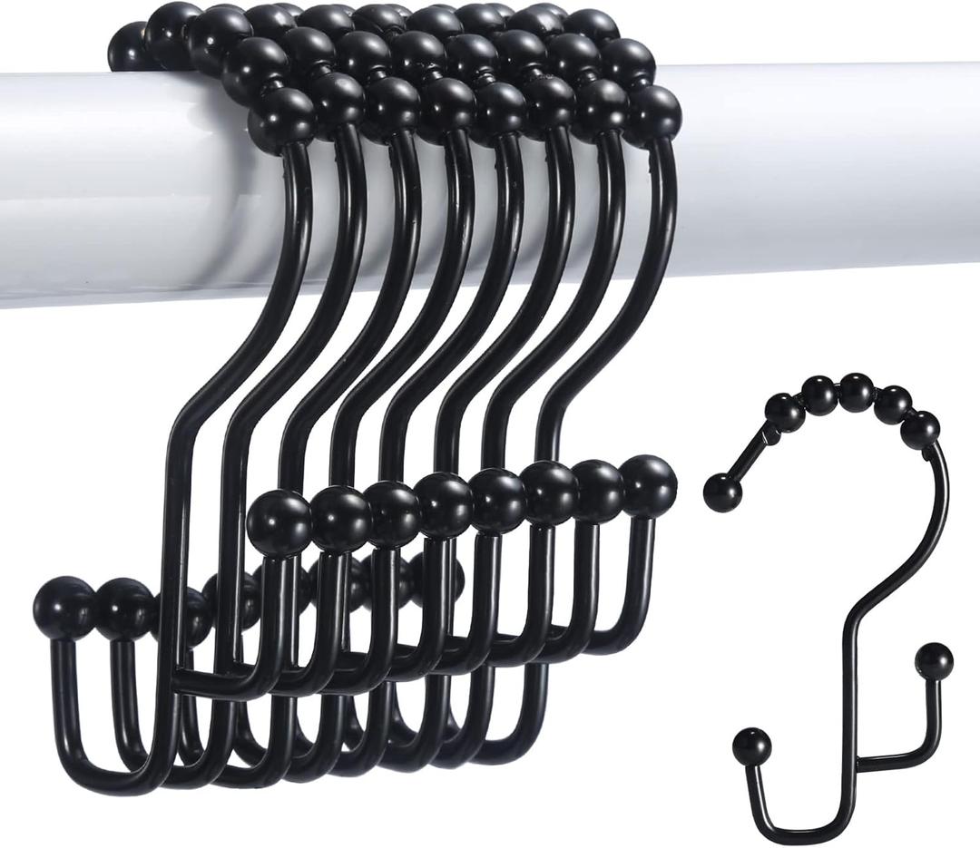 Shower Curtain Hooks, Set of 12 Double Shower Curtain Hooks Rings, Black Shower Curtain Hooks Rust Proof, Stainless Steel Bathroom Shower Hooks for Shower Curtain, Towels, Clothing, Black