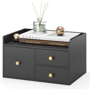 Bamboo Desk Organizer with Drawers Wooden Desktop Storage Drawers for Bills Office Supplies Kitchen Utensils Organizing Tool for Home Classroom Organization No Assembly (Black, 3 Drawer)