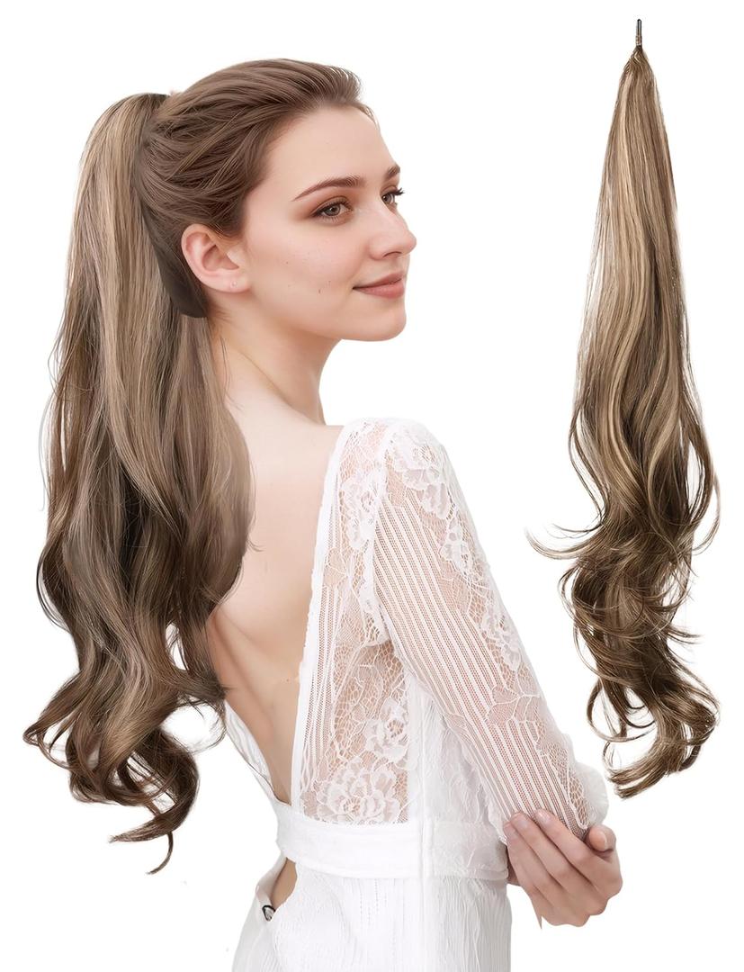 Ladies Ponytail Extensions Girls Flexible Curl One Piece Clip 32 inches Synthetic Wigs Pony Tail Hair Highlighted Hairpiece Women Wavy Hairpiece Khaki