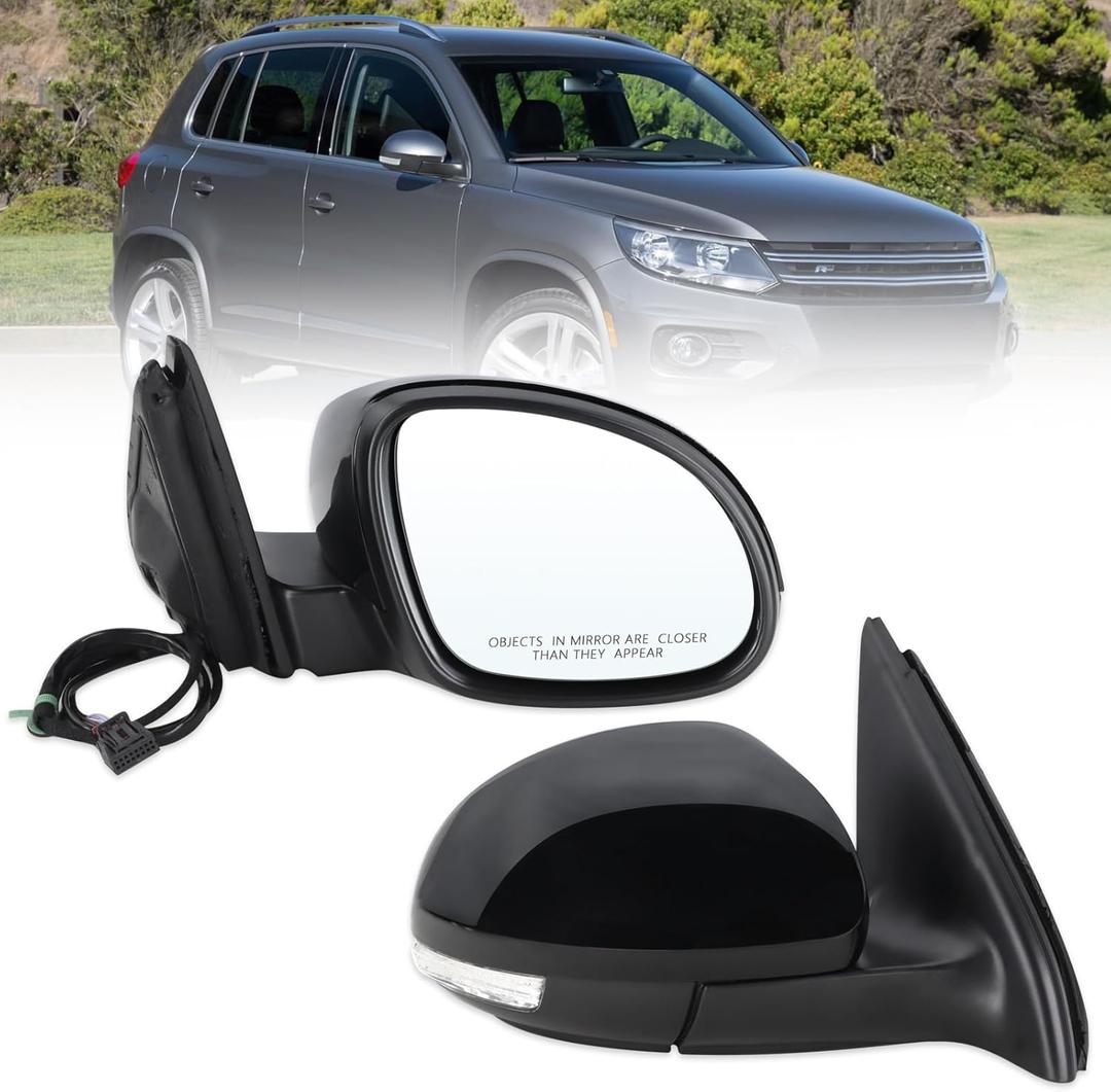 Lqito Right Passenger Side Mirror Compatible With 2009 2010 2011 2012 2013 2014 2015 2016 2017 VW Tiguan With Manual Folding Power Glass Heated Turn Signal Black Replace#5N1857508Q9B(6Pins)