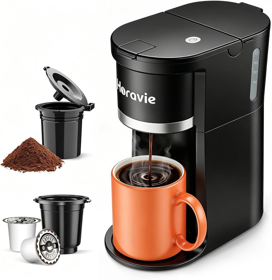 Horavie Small Single Serve Coffee Maker, Fast Brew One Cup Coffee Machine for K Cup and Grounds, 6 to 12 oz. Brew Sizes, Pod Coffee Maker with Descaling Reminder and Viewing Tank, Black (9.45 Inches)