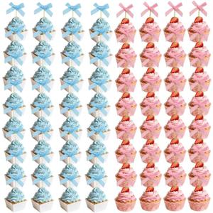 72PCS Pink & Blue Bow Cupcake Toppers – Mini Bowknot Cake Picks for Baby Shower, Birthday, Bridal, Bachelorette, Engagement & Wedding Party Decorations