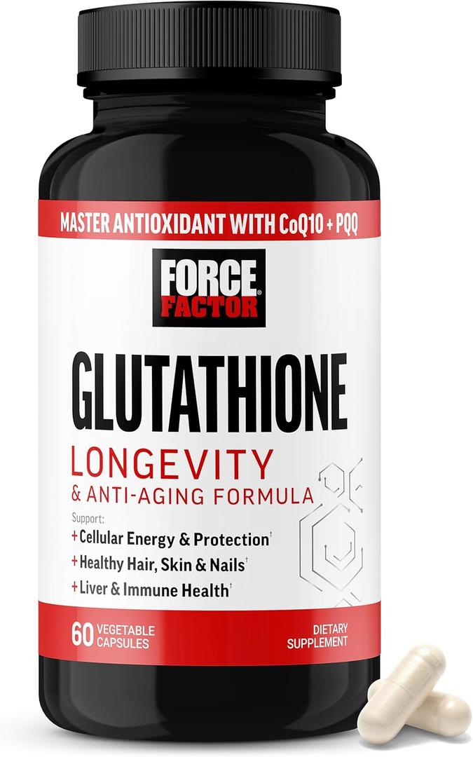 Force Factor Glutathione Longevity & Anti-Aging, Reduced Glutathione Supplement with CoQ10 & PQQ, Master Antioxidant Formula to Support Immune Health, Skin, Cellular Energy & Liver Detox, 60 Capsules (EXP 01/01/29)