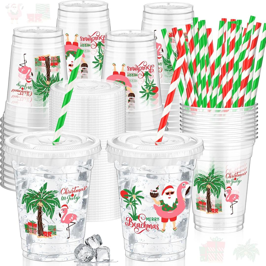 Domensi 50 Pcs Christmas Party Table Decoration July 12 oz Disposable Plastic Cups with Lids and Straws Christmas Cups Clear Summer Party Supplies Tableware for Tropical Cold Beverage Drinking Ice Tea, Flamingo Red