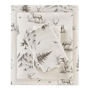 Woolrich Cotton Sheet Set Cottage Charms Print, 100% Cotton Flannel Sheets Warm & Fuzzy Bedding Set King Size Sheets, Fitted Pocket Fits Up to 14" Mattress, King Gray Deer Toile 4 Piece