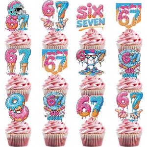 6 7 Birthday Decorations - 36 Pcs 67 Meme Birthday Theme Party Cupcake Toppers Decor, Ice Cream Drip Baseball Cup Cake Toppers Party Supplies for Boys Girls