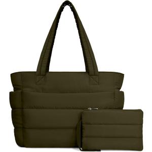 TOPDesign Puffer Tote Bag for Women, Lightweight Puffy Handbag with Compartments, Quilted Shoulder Bag for Work, Travel, Gym (Medium, Dark Green)