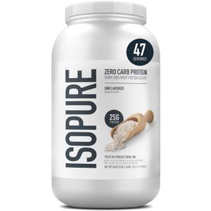 Isopure Zero Carb 100% Pure Whey Isolate Protein Powder, Lactose Free, Gluten Free, with Vitamins, Unflavored, 25g Protein Per Serving, 3 Lbs, 47 Servings, BB Date: 9/26/2027