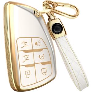 Lucrum for GMC & Chevy Key Fob Cover & Leather Keychain - TPU Keyfob Case for Suburban Acadia Sierra Tahoe Yukon - 2014-2025 (White)