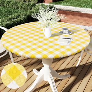 Smiry Round Picnic Tablecloth, Elastic Waterproof Fitted Vinyl Tablecloths for 57"-68" Tables, Flannel Backed Buffalo Plaid Table Cover for Dining, Camping, Outdoor, White and Yellow