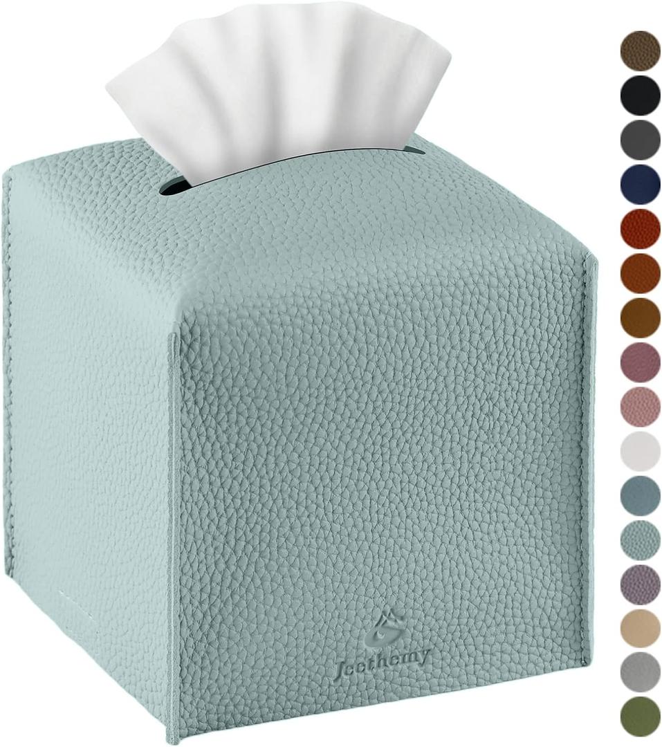 Tissue Box Cover, Jeethemy Square PU Leather Tissue Box Holder, Modern Tissue Case Facial Paper Organizer Dispenser5X5X5'',Single Sky Blue