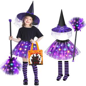 Jeowoqao Girls Halloween Dress upLight up Witch Costume for Girls, Witch Skirt Broom Hat Treat Bag for Toddler Aged 3 4 5 6 (Purple)