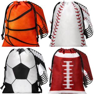 Berlune 24 Pcs Sports Party Favors Bags 7 * 10 inch Small Drawstring Gift Bag Football Baseball Basketball Soccer Goodie Treat Snack Gift Bags Bulk for Sports Themed Birthday Party Decorations, Team
