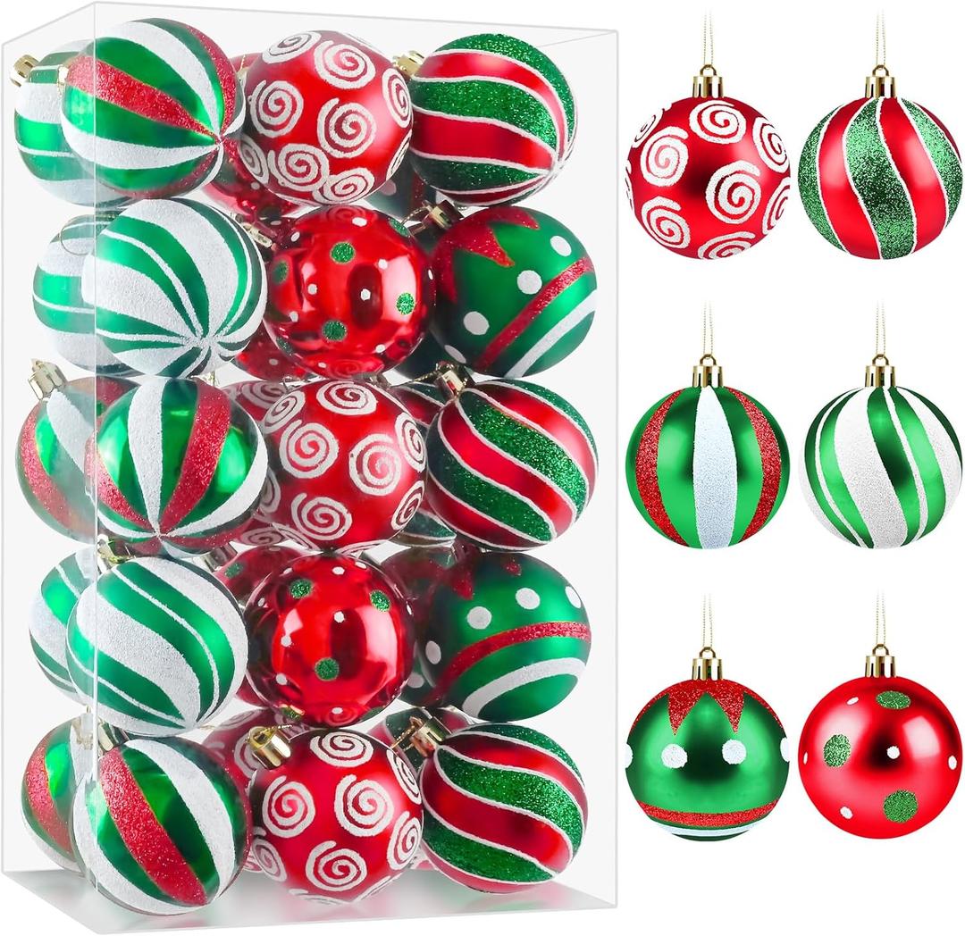 30Pcs Christmas Ornaments Balls Set, 2.4 Inch Shatterproof Tree Decorations, Red Green White Glitter Baubles with Hanging Strings, Christmas Balls Ornaments for Holiday Party, Home Dcor (Multi Color)
