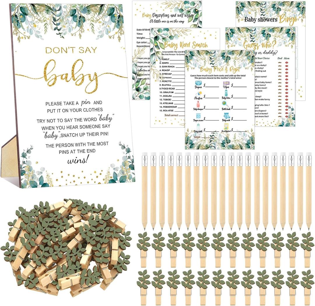 Patelai 321 Pcs Baby Shower Games Supplies, 5 Sets (50 Cards Each) Activities Cards with 20 Pencils 1 Don't Say Baby Sign 50 Clothespin(Greenery)