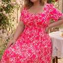RITERA Plus Size Dresses for Curvy Women Boho Summer Midi Dress Sweetheart Neck Short Sleeve Dresses Empire Waist with Pocket,5XL